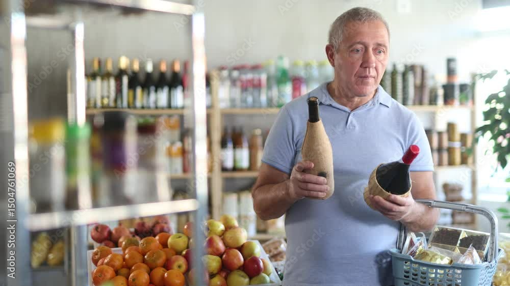 Uncertain mature male buyer choosing a bottle of wine in grocery store. High quality 4k footage Uncertain mature male buyer choosing a bottle of wine in grocery store. High quality 4k footage