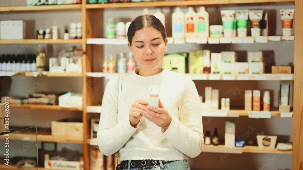 Young woman holds a food supplement in hands and carefully reads the information and composition of the product. Customer chooses a dietary supplement in an eco supermarket. High quality 4k footage Young woman holds a food supplement in hands and carefully reads the information and composition of the product. Customer chooses a dietary supplement in an eco supermarket. High quality 4k footage