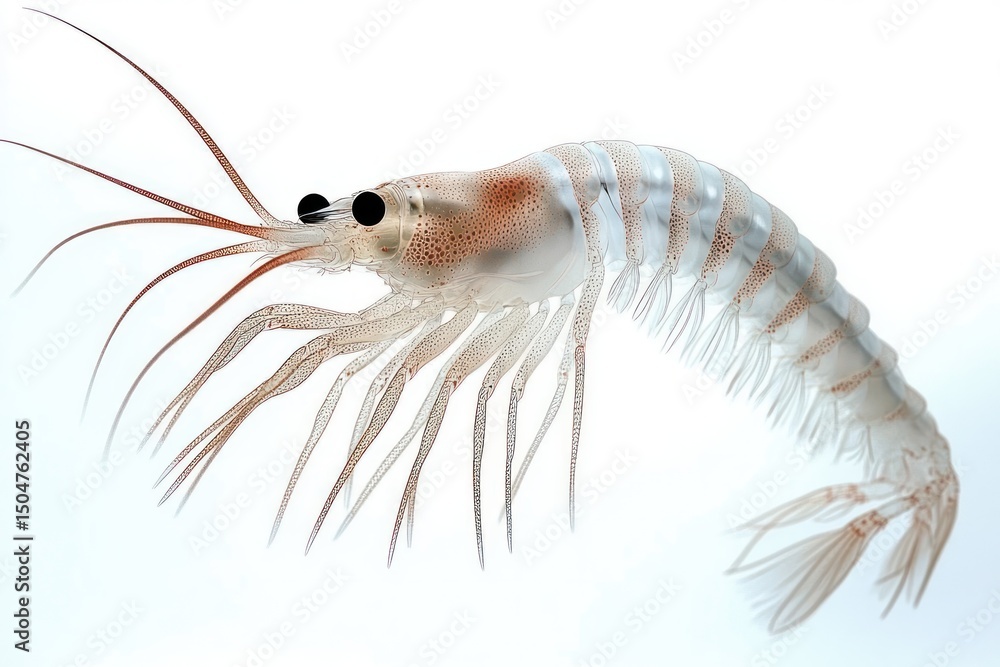 Close-up detailed image of a translucent shrimp with visible segmented body, long antennae, and numerous legs on a white background Close-up detailed image of a translucent shrimp with visible segmented body, long antennae, and numerous legs on a white background