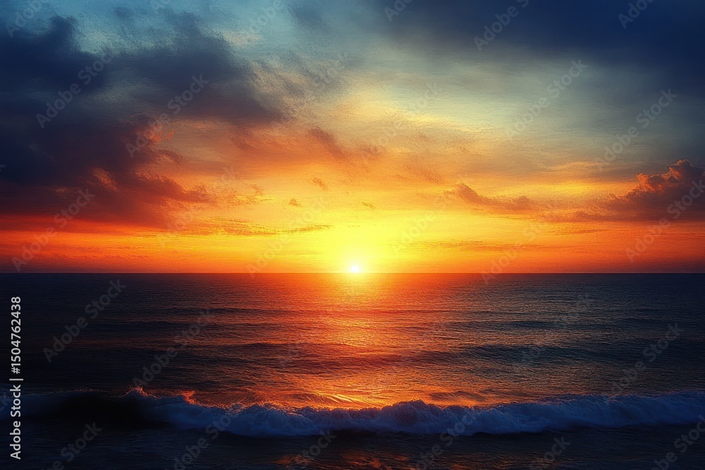 Fototapeta premium Vivid ocean sunset with golden sun reflecting on calm waves under colorful sky with scattered clouds