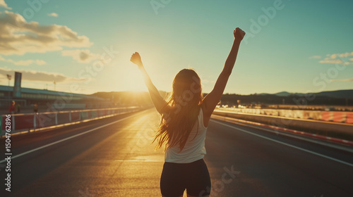 Female athlete celebrating victory at finish line at sunset