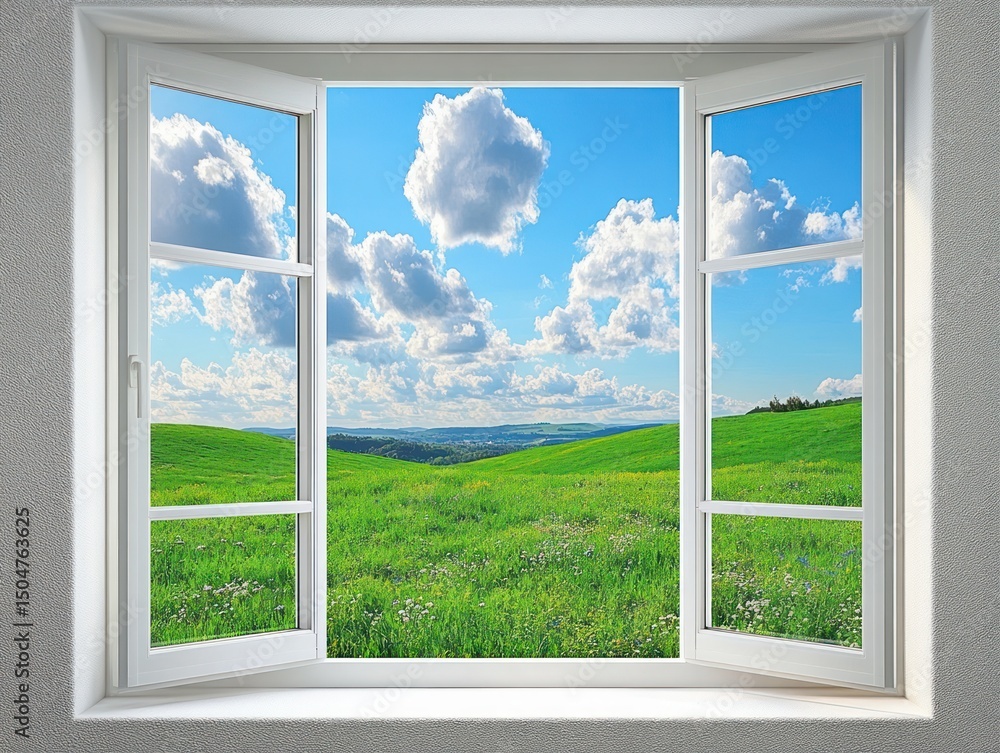 Obraz premium Open white-framed window revealing lush green rolling hills under a bright blue sky with fluffy white clouds on a sunny day