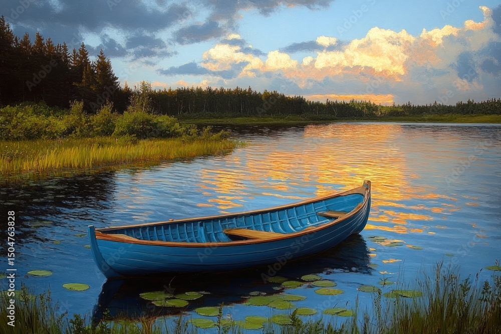A serene blue wooden boat floats on a calm lake surrounded by lily pads, with lush green shoreline and forest in the background under a partly cloudy sky at sunset A serene blue wooden boat floats on a calm lake surrounded by lily pads, with lush green shoreline and forest in the background under a partly cloudy sky at sunset