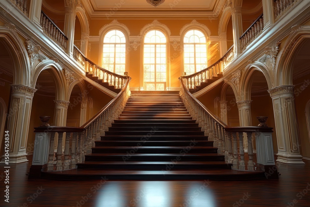 Elegant grand staircase in a luxurious classical building illuminated by warm golden sunlight streaming through tall arched windows, highlighting intricate architectural details and wooden banisters Elegant grand staircase in a luxurious classical building illuminated by warm golden sunlight streaming through tall arched windows, highlighting intricate architectural details and wooden banisters