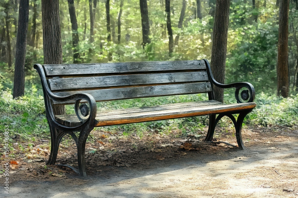 Empty weathered wooden bench with black metal armrests and legs in a sunlit forest clearing surrounded by tall trees and green foliage Empty weathered wooden bench with black metal armrests and legs in a sunlit forest clearing surrounded by tall trees and green foliage