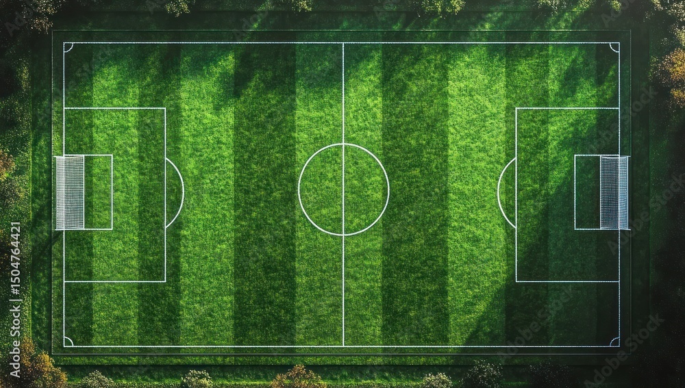 Aerial view of a vibrant green soccer field with alternating light and dark grass stripes and white boundary markings surrounded by trees casting shadows Aerial view of a vibrant green soccer field with alternating light and dark grass stripes and white boundary markings surrounded by trees casting shadows