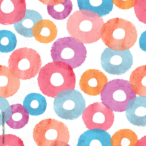 Seamless colorful circles pattern. Vector background with watercolor round sh...