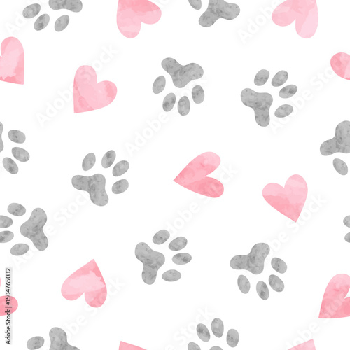 Dog paws and hearts seamless pattern. Vector watercolor pets prints illustration
