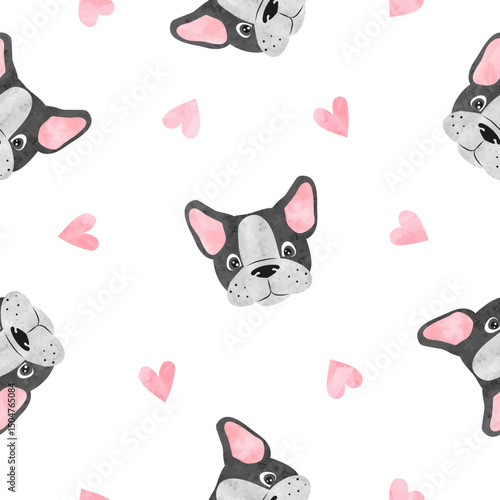 French bulldog puppy and hearts seamless watercolor pattern. Vector cute dog ...