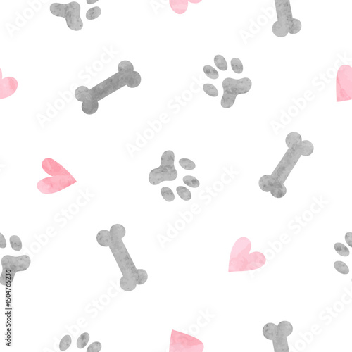 Dog paws, bones and hearts seamless pattern. Vector watercolor pets illustration
