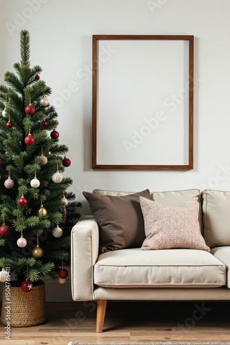 Empty frame beside sofa & decorated Christmas tree in a bohemian styled room, xmas tree, holiday, space