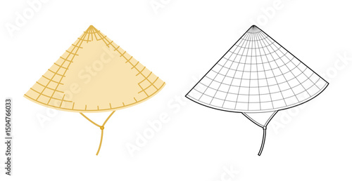 Chinese Asian Hat with Toggle Chin Strap. Head Fashion accessory cap clothing technical illustration. Vector headgear for Men, women, unisex style, flat template CAD mockup sketch outline isolated