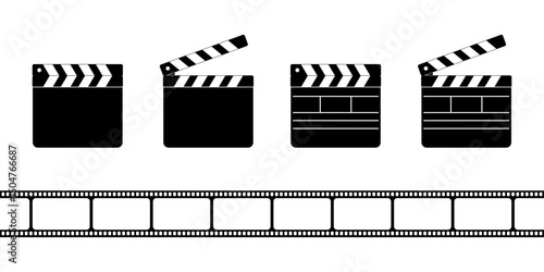 Clapper board icons and film strip isolated on white background. Closed and open movie clapboard silhouettes. Camera and action concept. Cinema production objects. Vector graphic illustration.