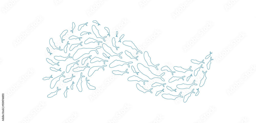 Fototapeta premium Undersea fish school silhouette. Group of aquatic creatures swim in the ocean. Pattern of marine life, doodle style, perfect for summer themes or underwater illustrations.