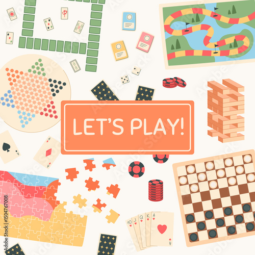 Flat style fun banner with table boardgame elements. Chessboard, card deck, puzzle pieces, and jenga blocks build playful game concept. Perfect for social media ads or family recreation.