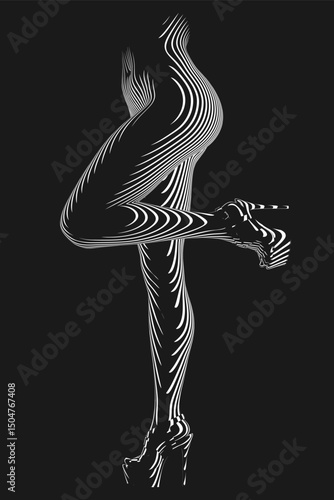 Minimalist black and white abstract art of sensual woman's legs in high heels. Bold abstract line art design with curves and contrast form an elegant silhouette perfect for modern interiors. Vector