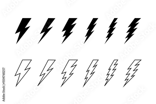 Collection of bolt icons. Thunderbolt silhouettes isolated on white background. Flash light, energy, power or electricity symbols. Blitz, glow, burst or dazzle signs. Vector graphic illustration.