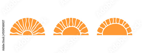 Groovy sun silhouettes. Wavy orange sunny rays in semicircle shape. Sunburst, sunrise or sunset signs. Summer theme modern print. Happy positive vibes concept. Vector flat illustration.