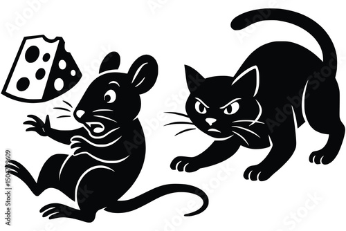 Terrified Mouse Fleeing from the Cat After Stealing Cheese Generative AI