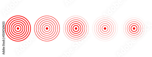 Set of red concentric circles. Target icons. Localization marks. Pain, sore, ache or inflammation symbols. Pulse, radiation or vibration signs. Radar or sound wave pictograms. Vector illustration.