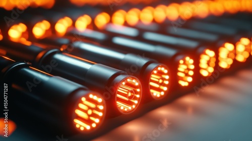 Close up view of digital tech components with illuminated led lights creating a futuristic atmosphere