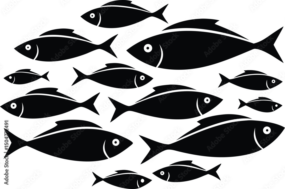 Obraz premium A monochrome illustration of a school of fish swimming together in a circular formation on white
