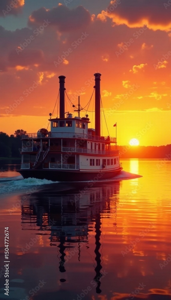 Fototapeta premium Sternwheeler on Mississippi sunset, golden light reflecting on water, midwest, evening, twilight