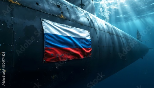 Russian flag on underwater submarine close-up