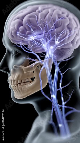 Human head anatomy with skeleton, brain and nervous system visualized in digital 3D illustration, perfect for medical and educational purposes