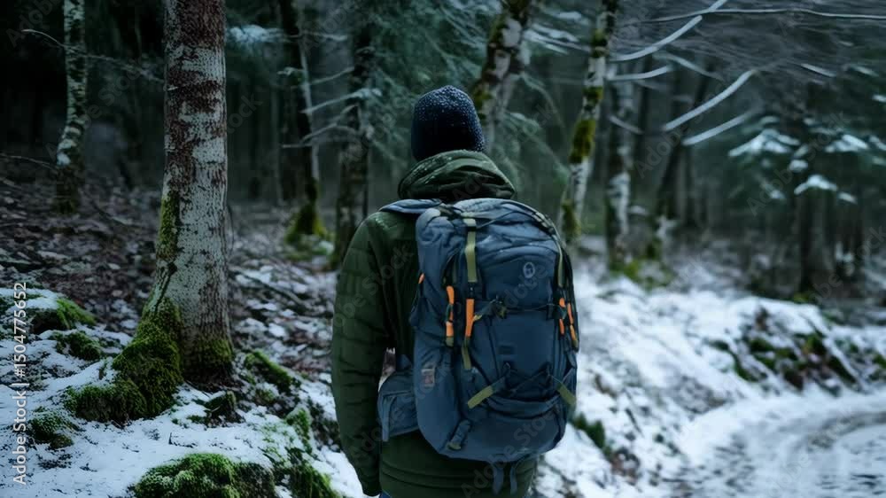 Person with backpack hiking through snowy winter forest, wearing a coat and beanie, walking away, adventure and exploring the outdoor scenery Person with backpack hiking through snowy winter forest, wearing a coat and beanie, walking away, adventure and exploring the outdoor scenery