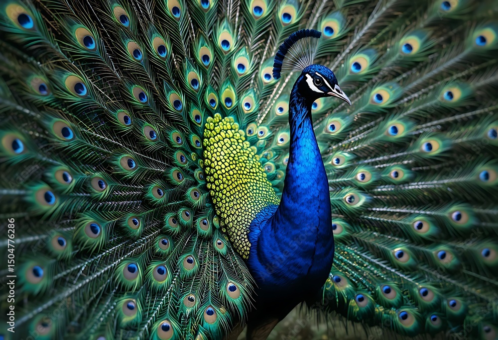 Obraz premium Close-up of a Majestic Peacock's Feathered Glory. Generative Ai