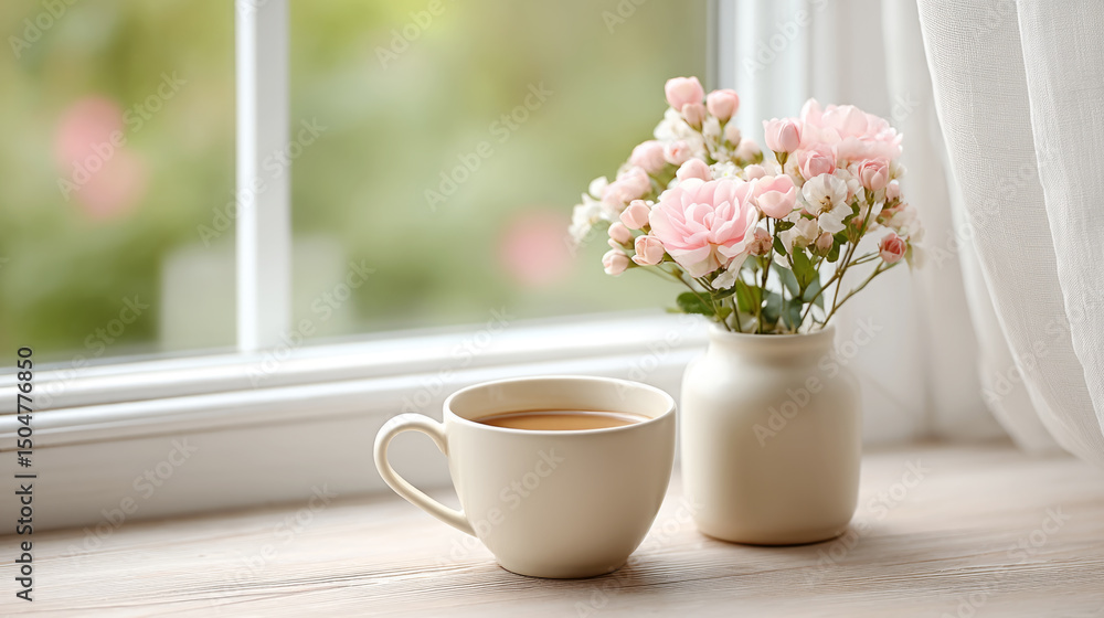 Tranquil morning scene with coffee cup and fresh flowers by an open window Tranquil morning scene with coffee cup and fresh flowers by an open window