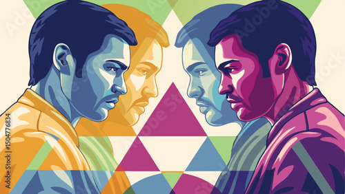 Digital artwork features two men in profile, displaying contrasting emotions against a vibrant geometric background, emphasizing themes of duality and reflection