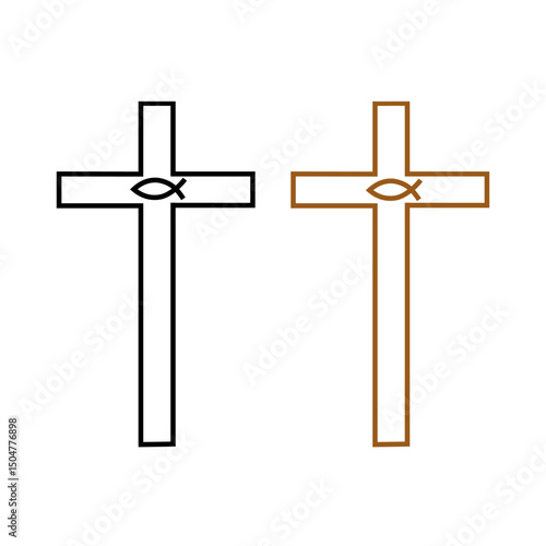 Cross icon. Fish symbol design. Black brown shades. Vector faith sign.