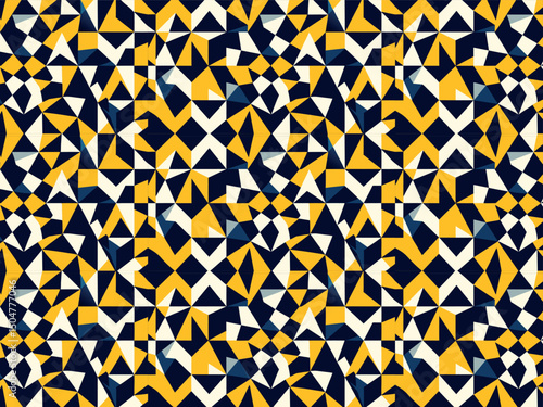 Abstract geometric pattern showcases a vibrant arrangement of yellow, navy blue, and white shapes, providing a dynamic visual texture for various design applications