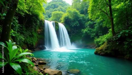 Tenorio's turquoise waterfall cascading through lush rainforest , travel, river, green