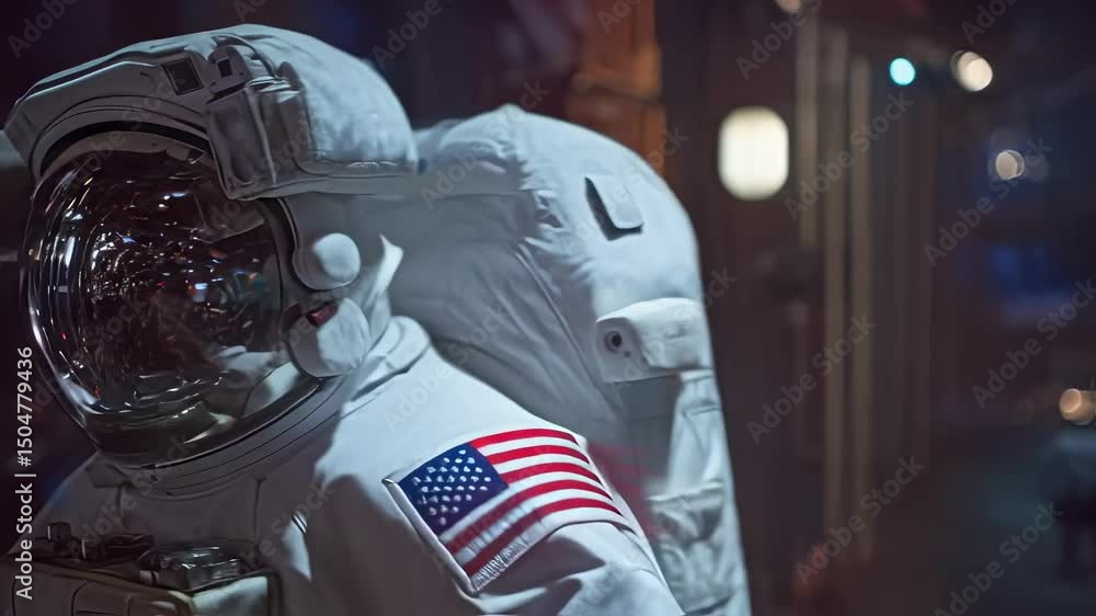 Professional astronaut wearing branded spacesuit floating inside international space station, navigating weightless environment with american flag patch visible on suit