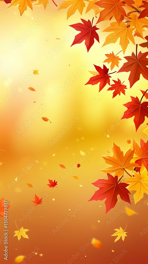 Obraz premium A yellow background with orange leaves falling from the trees. The leaves are scattered all over the background, creating a sense of movement and energy. Scene is warm and inviting