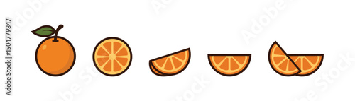 Fresh orange fruit. Icon orange fruits. Set fresh orange and slice. Isolated on white background. Vector