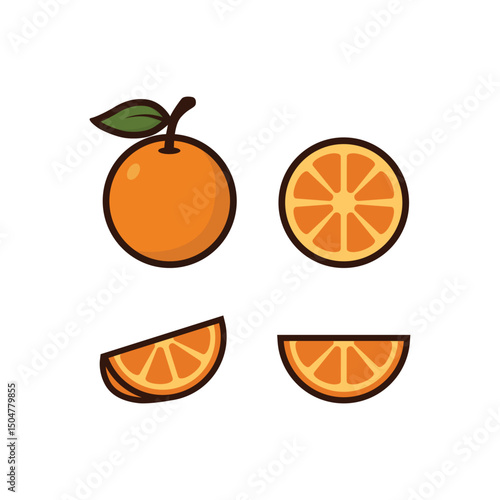 Fresh orange fruit. Icon orange fruits. Set fresh orange and slice. Isolated on white background. Vector