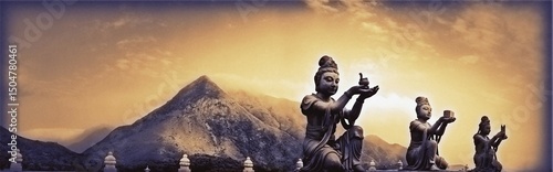 Scenic view of large statues making offerings to the majestic Tian Tan Buddha, Ngong Ping, Lantau Island, Hong Kong.