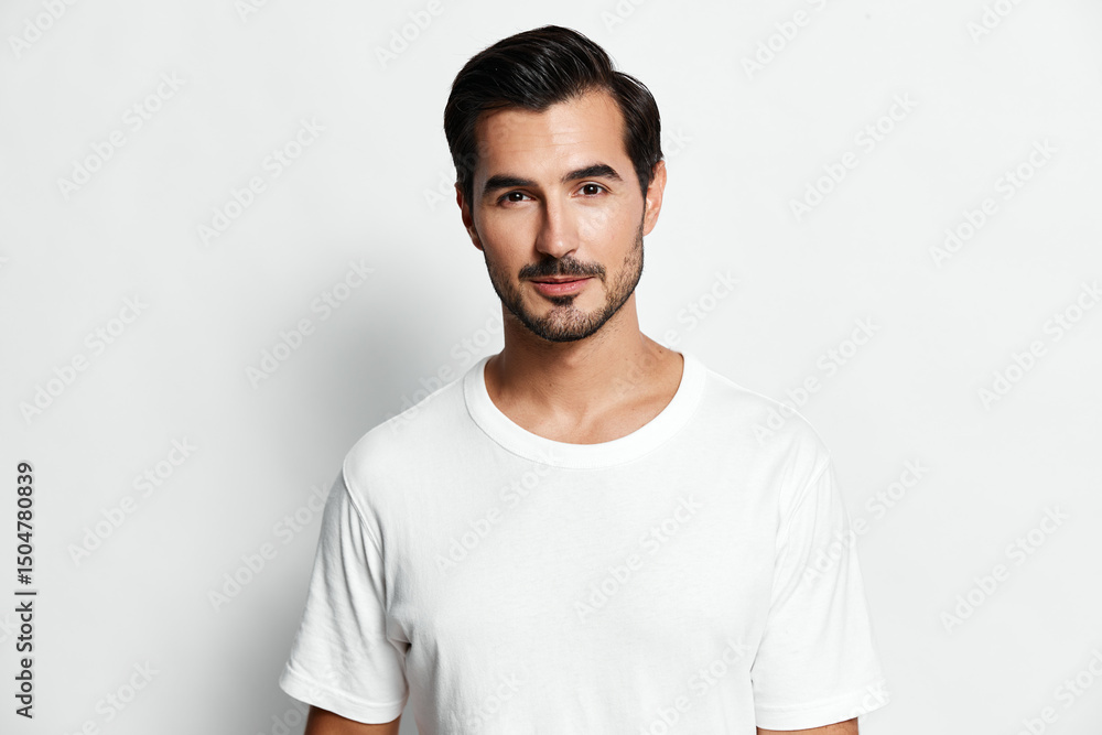 Confident young man standing against a plain white background, wearing a casual white t-shirt, looking directly at the camera with a charming smile. Fashion lifestyle concept. Confident young man standing against a plain white background, wearing a casual white t-shirt, looking directly at the camera with a charming smile. Fashion lifestyle concept.