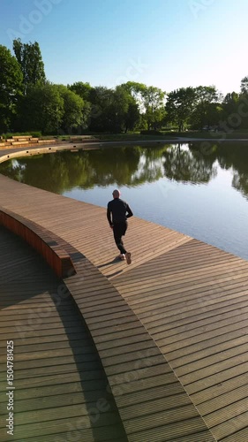 Sporty Man on Morning Run Along Lake Shore in Warsaw – Drone Footage Vertical