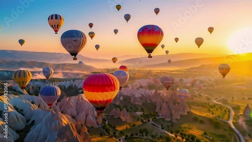 A breathtaking aerial view of Cappadocia, Turkey, at sunrise.