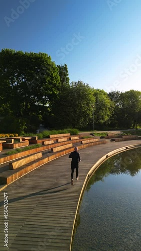 Man Running in Warsaw Park by the Lake – Drone Vertical Morning Shot