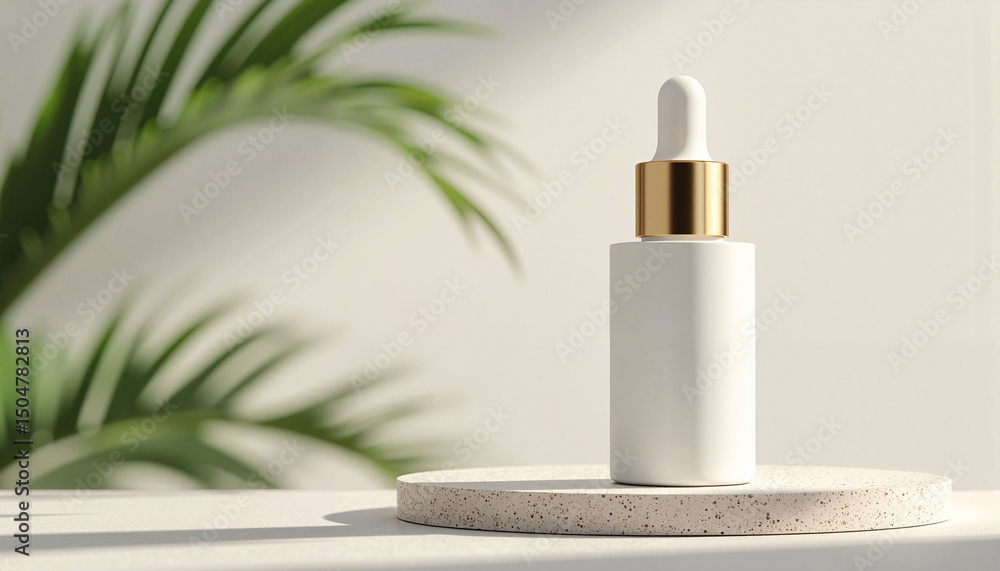 White cosmetic dropper bottle with gold cap on marble surface White cosmetic dropper bottle with gold cap on marble surface