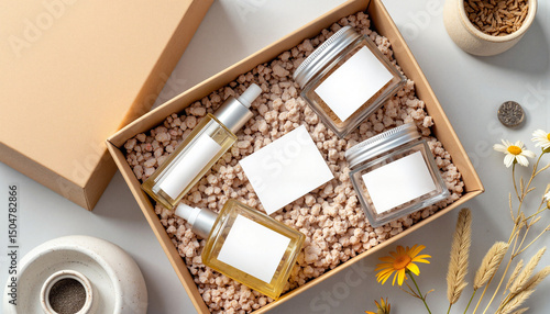 Gift box with essential oils and jars on a soft gray background  