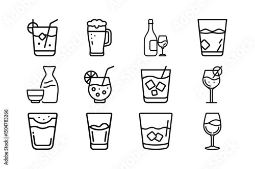 Alcoholic Beverages Icon Set – Cocktail, Beer & Wine Vector Illustrations