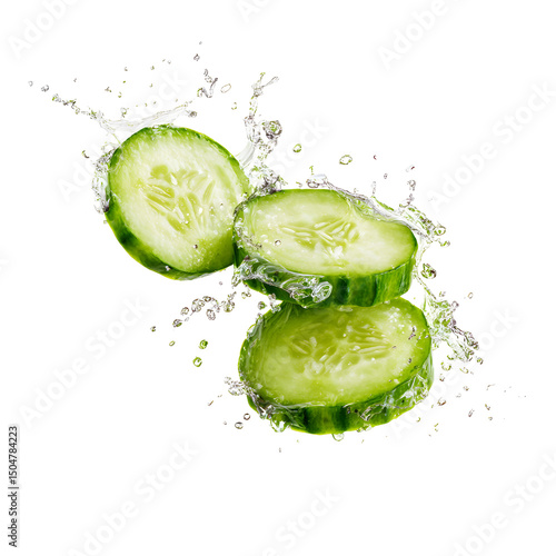 Slices of fresh cucumber with splash water isolated on a transparent background 