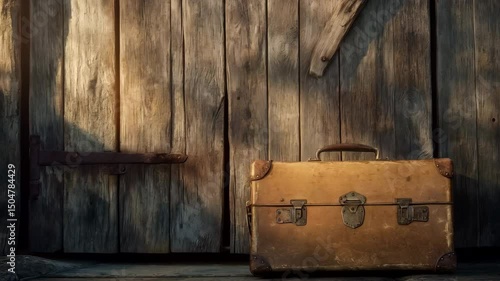Rustic Suitcase Resting Against a Weathered Wooden Door in Soft Afternoon Light Showcasing Charming Vintage Aesthetics. Generative AI